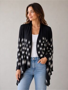 BCBGMaxAzria Black and Ivory Open-Front Patterned Cardigan size small